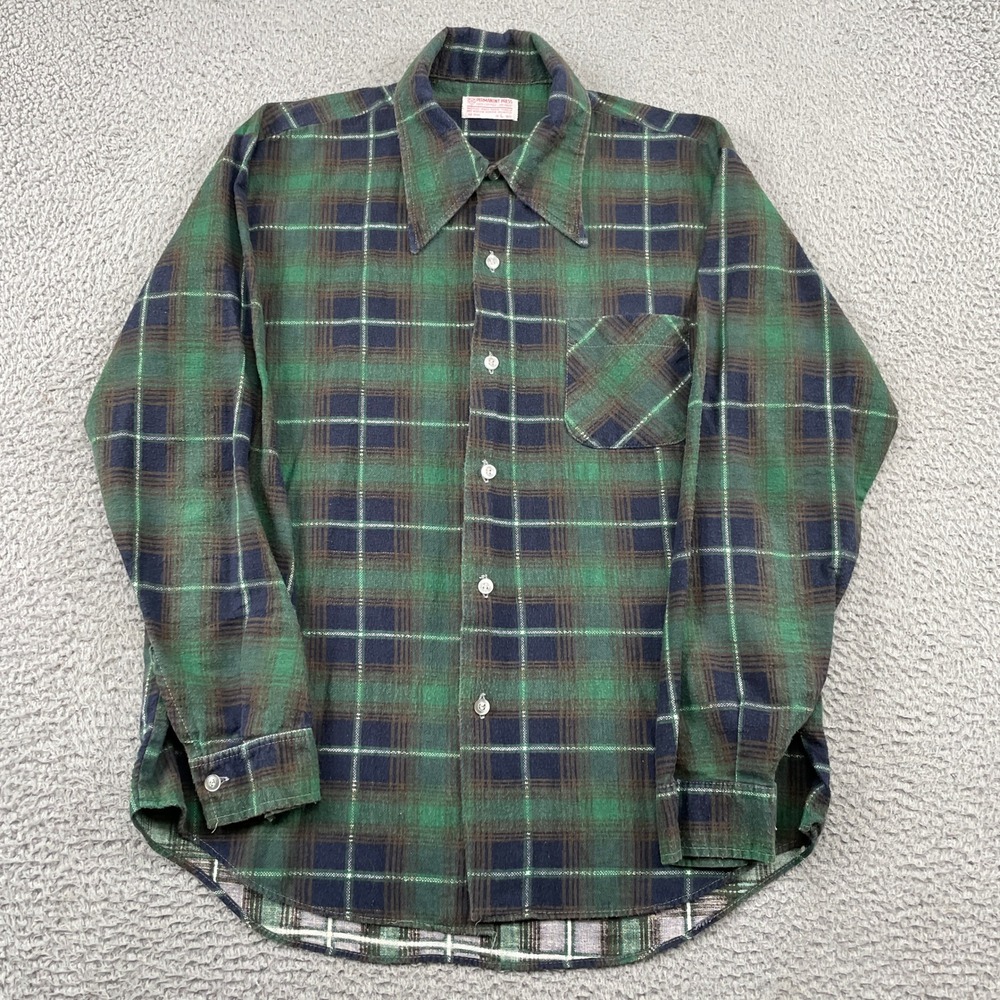 Permanent Press Button Down Mens L Green Plaid Flannel Shirt Long Sleeve Vintage